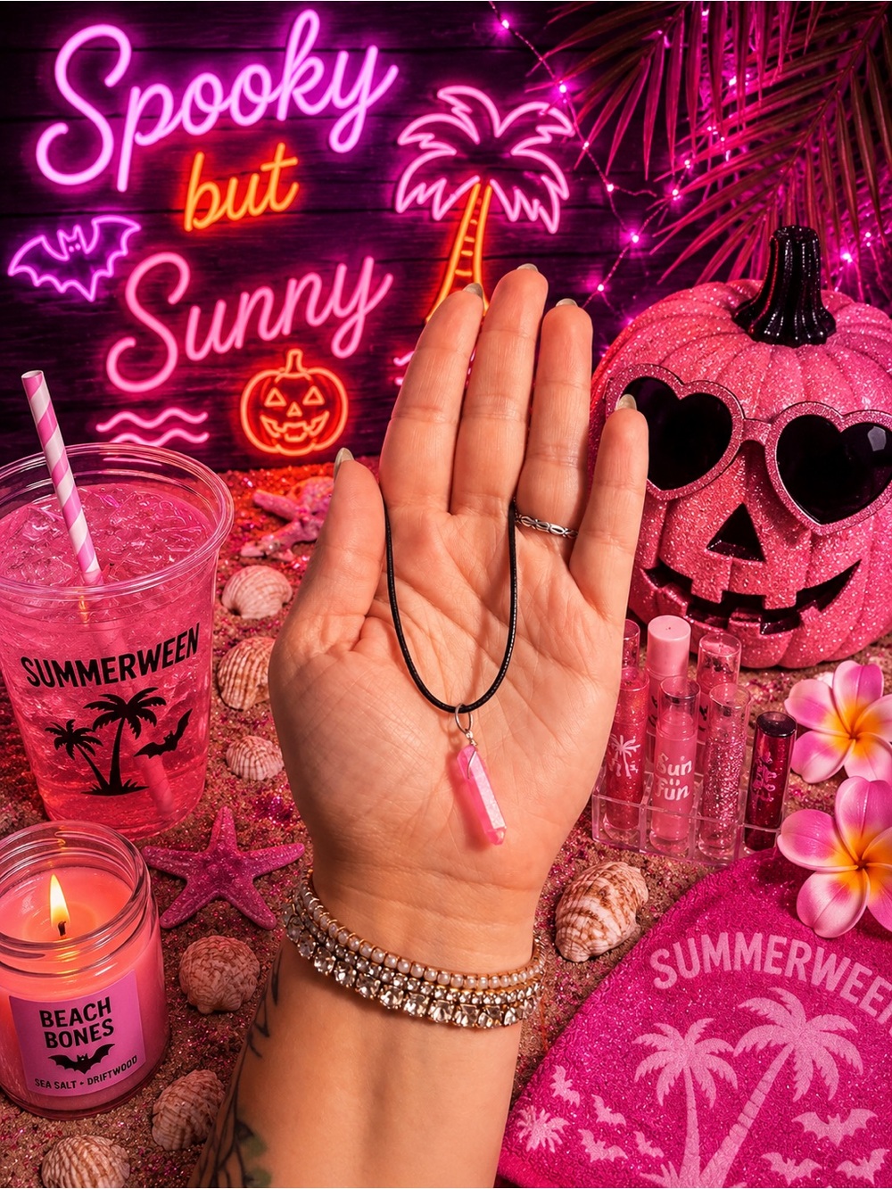Summerween Pink Crystal Pendant Necklace on Black Cord